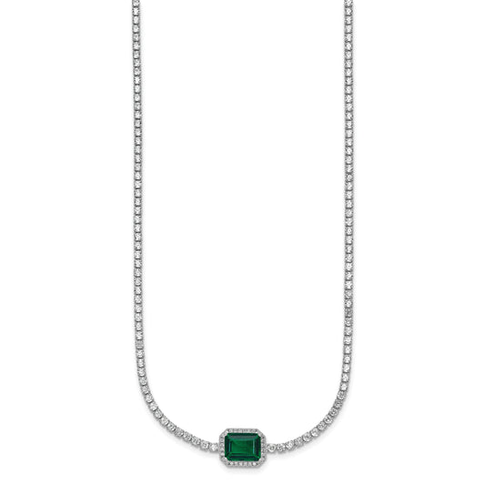 Sterling Silver Rhodium-plated Polished Fancy Emerald-cut Green and White CZ Halo 16 Inch with 2 Inch Extension Necklace
