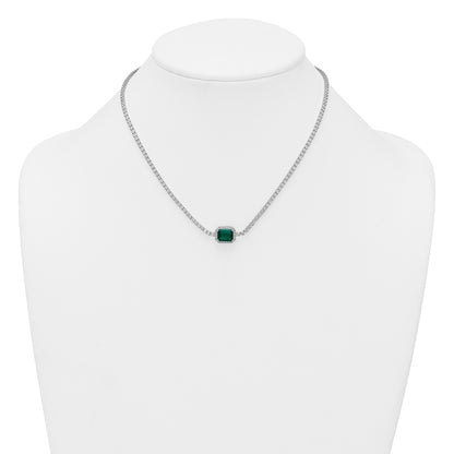 Sterling Silver Rhodium-plated Polished Fancy Emerald-cut Green and White CZ Halo 16 Inch with 2 Inch Extension Necklace