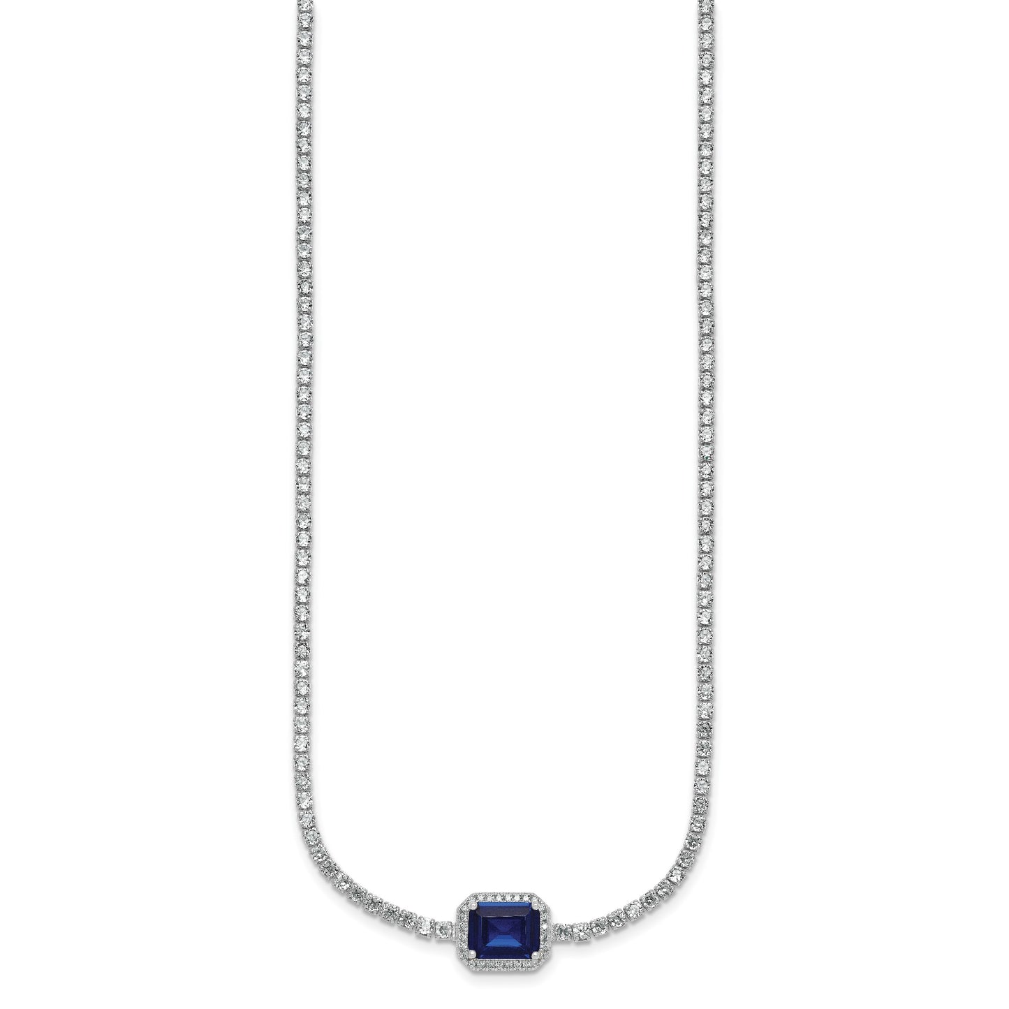 Sterling Silver Rhodium-plated Polished Fancy Emerald-cut Blue and White CZ Halo 16 Inch with 2 Inch Extension Necklace