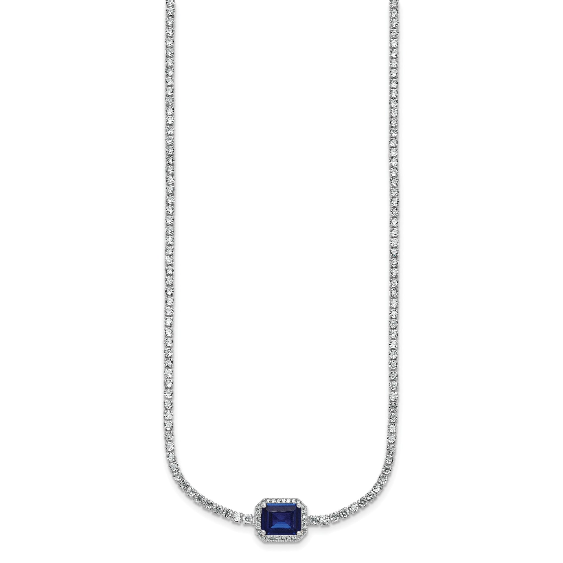 Sterling Silver Rhodium-plated Polished Fancy Emerald-cut Blue and White CZ Halo 16 Inch with 2 Inch Extension Necklace