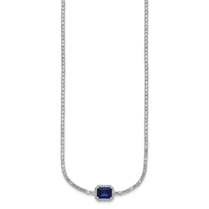 Sterling Silver Rhodium-plated Polished Fancy Emerald-cut Blue and White CZ Halo 16 Inch with 2 Inch Extension Necklace