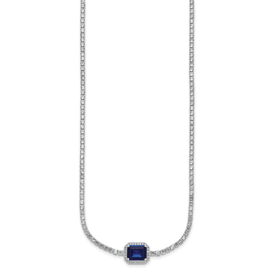 Sterling Silver Rhodium-plated Polished Fancy Emerald-cut Blue and White CZ Halo 16 Inch with 2 Inch Extension Necklace