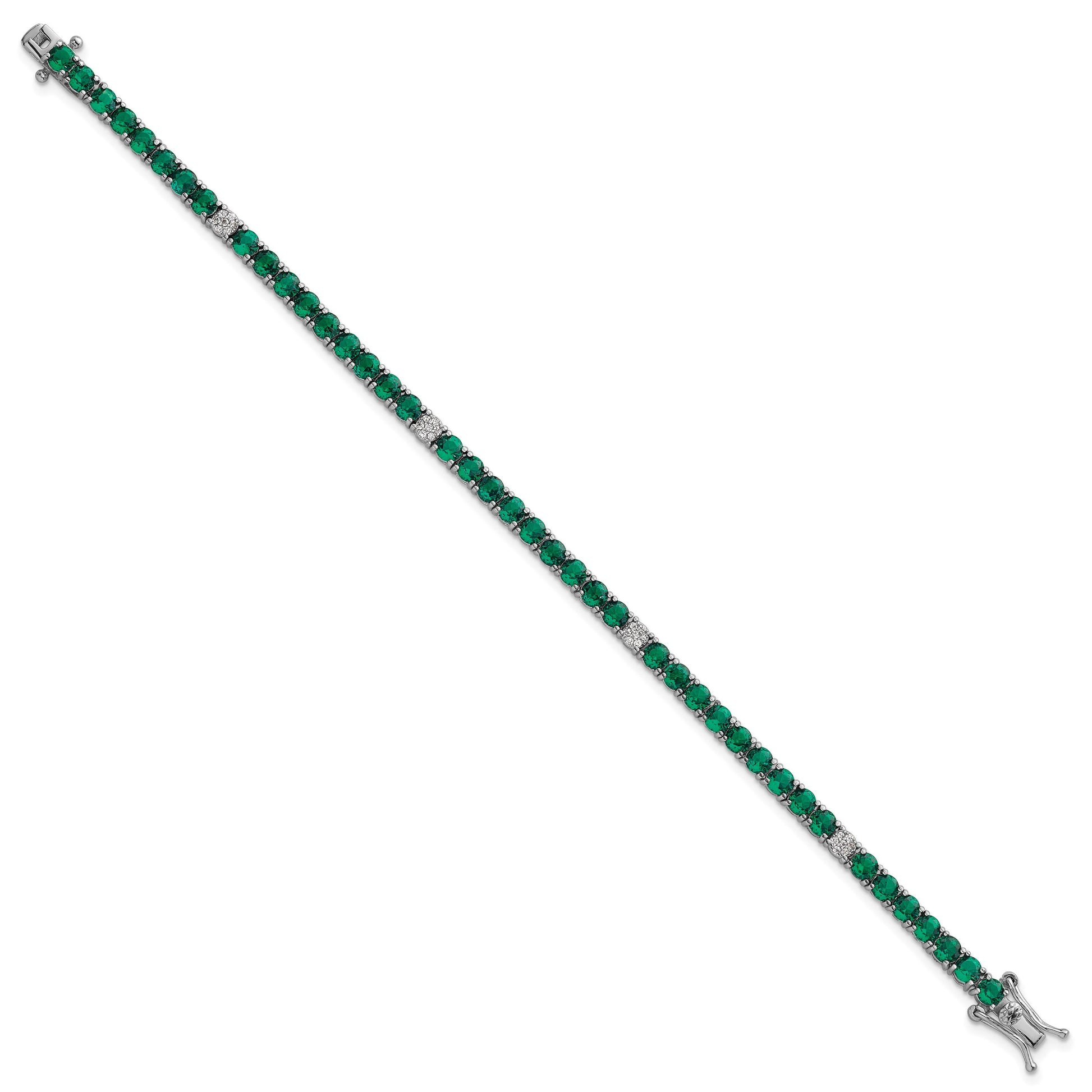 Sterling Silver Rhodium-plated Polished Round Green and White CZ 7 Inch Bracelet