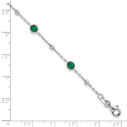 Sterling Silver Rhodium-plated Polished and Beaded Bezel-set Round Green CZ 7 Inch with 1 Inch Extension Bracelet