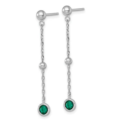 Sterling Silver Rhodium-plated Polished Bezel-set Round Green CZ Dangle Post Earrings