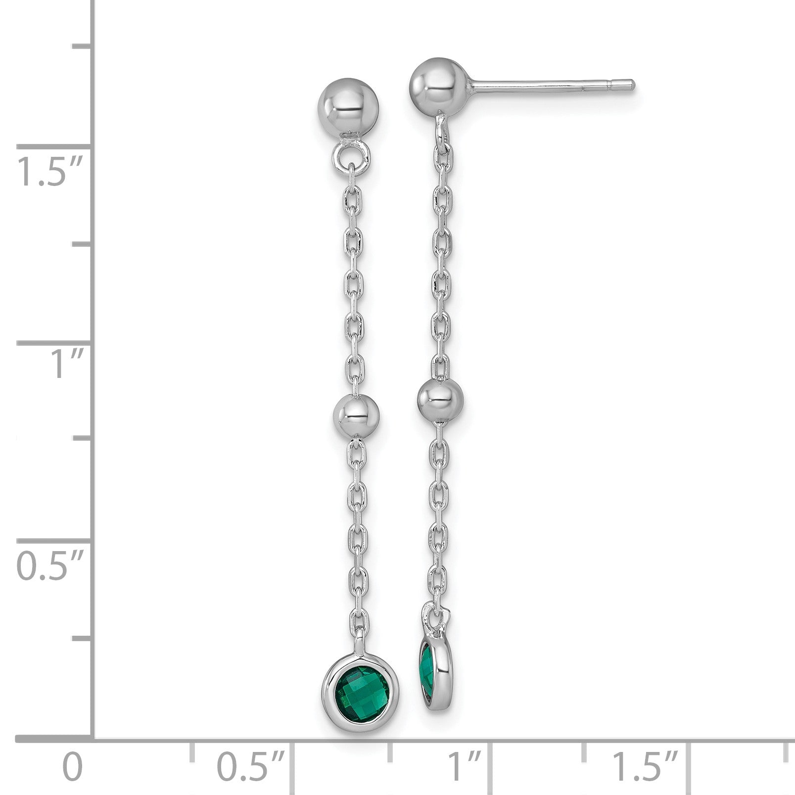 Sterling Silver Rhodium-plated Polished Bezel-set Round Green CZ Dangle Post Earrings