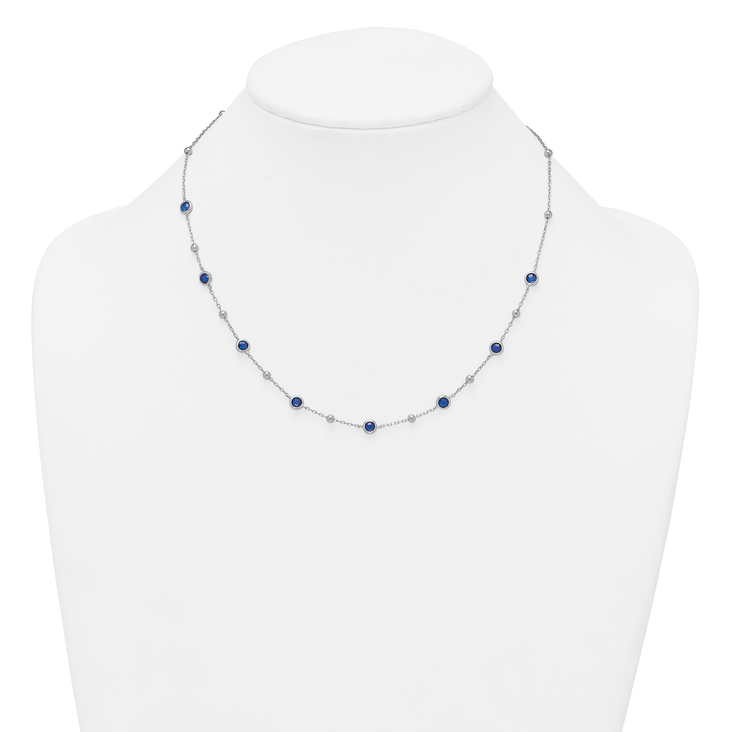 Sterling Silver Rhodium-plated Polished and Beaded Bezel-set Round Blue CZ 16 Inch with 2 Inch Extension Necklace