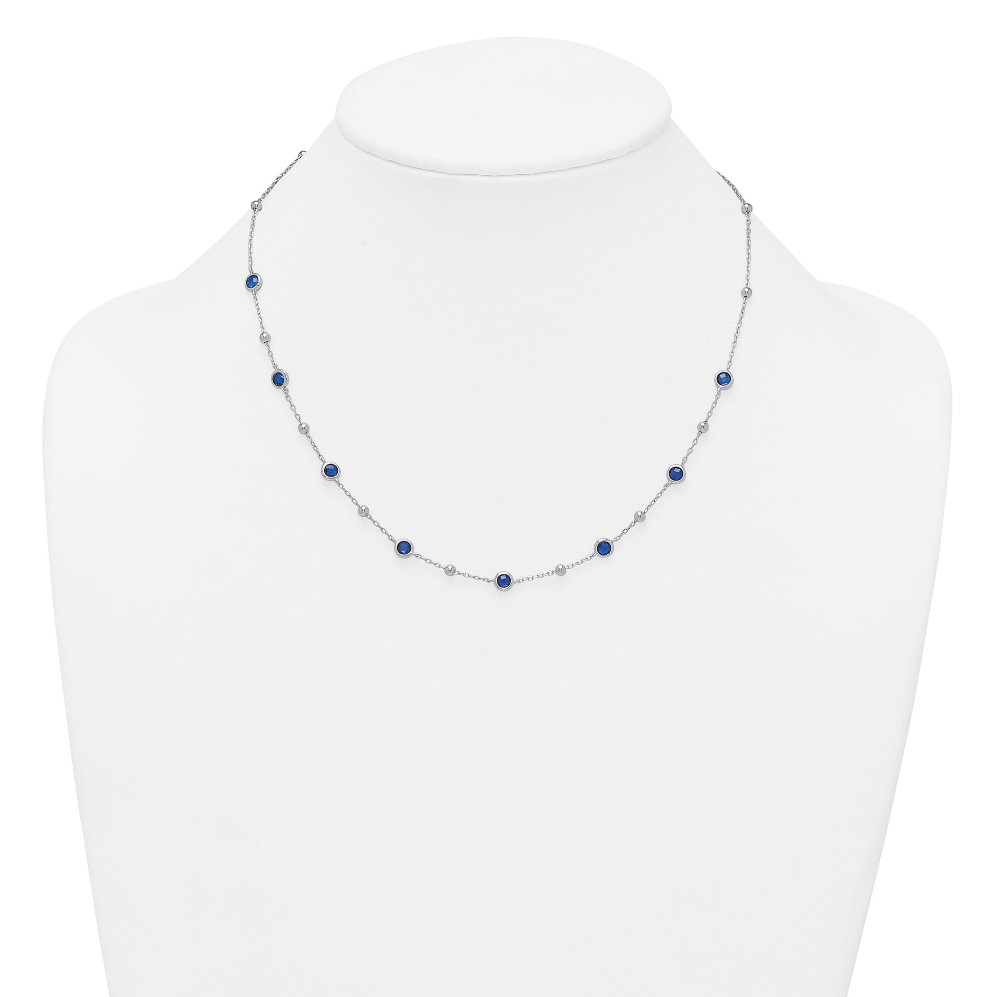 Sterling Silver Rhodium-plated Polished and Beaded Bezel-set Round Blue CZ 16 Inch with 2 Inch Extension Necklace
