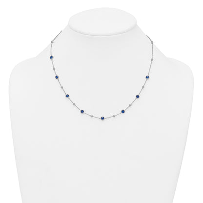 Sterling Silver Rhodium-plated Polished and Beaded Bezel-set Round Blue CZ 16 Inch with 2 Inch Extension Necklace