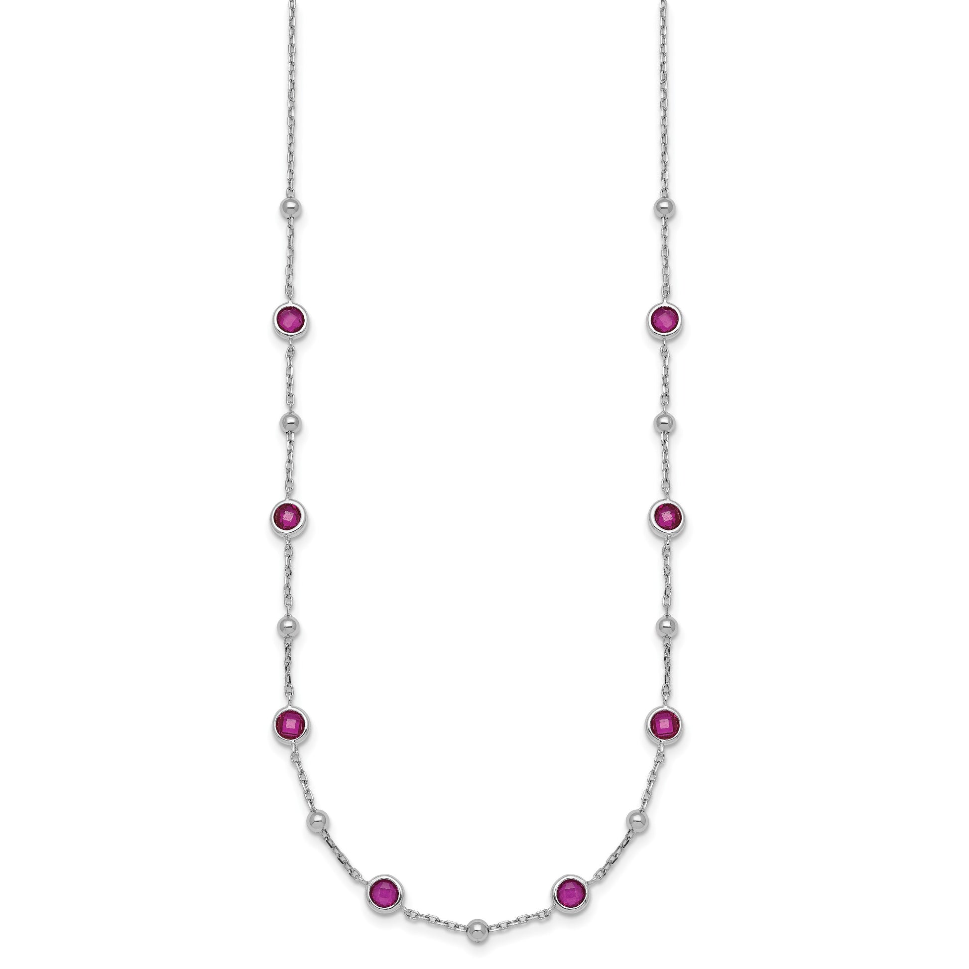 Sterling Silver Rhodium-plated Polished and Beaded Bezel-set Round Red CZ 16 Inch with 2 Inch Extension Necklace