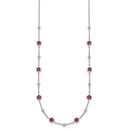 Sterling Silver Rhodium-plated Polished and Beaded Bezel-set Round Red CZ 16 Inch with 2 Inch Extension Necklace