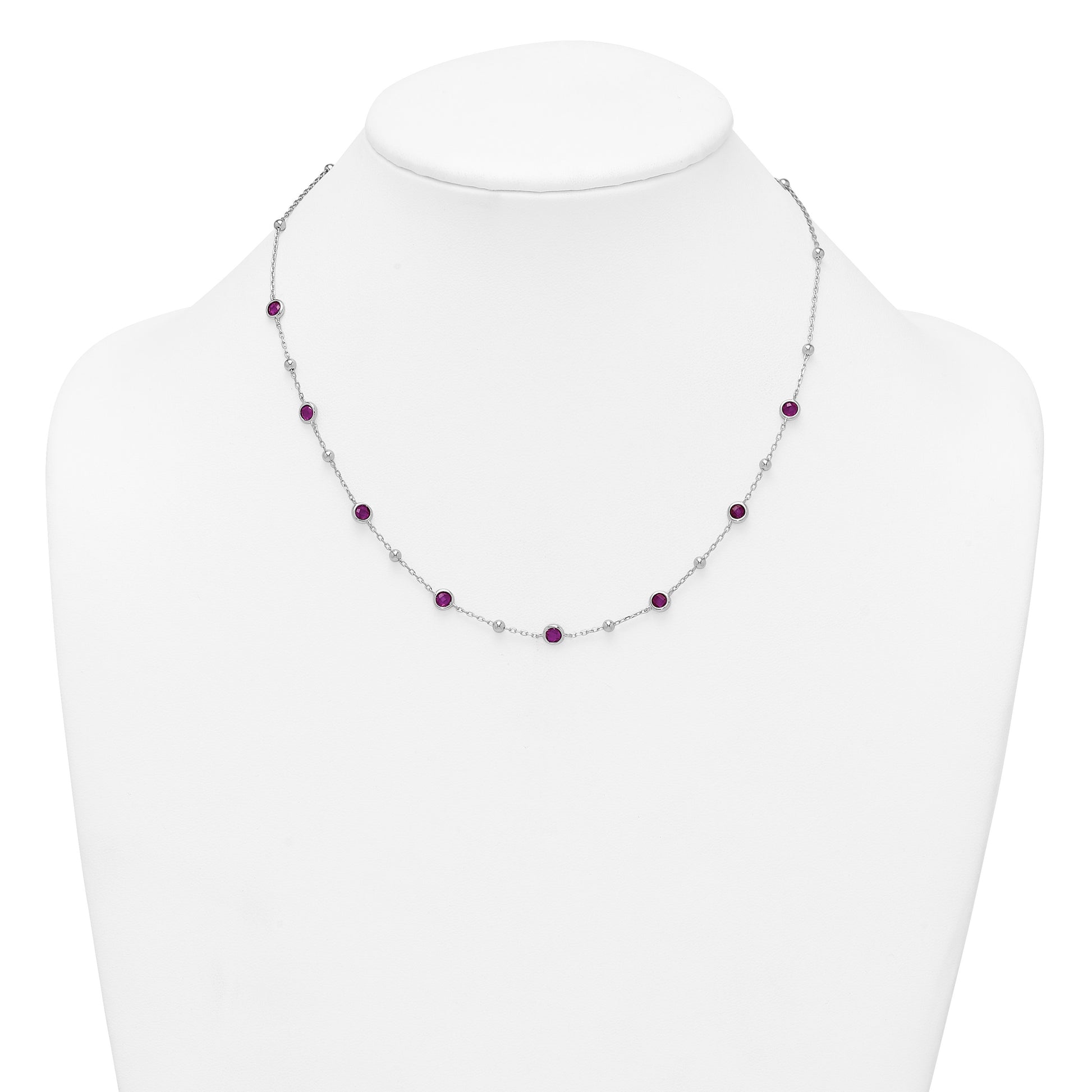 Sterling Silver Rhodium-plated Polished and Beaded Bezel-set Round Red CZ 16 Inch with 2 Inch Extension Necklace