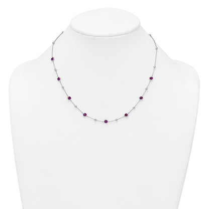 Sterling Silver Rhodium-plated Polished and Beaded Bezel-set Round Red CZ 16 Inch with 2 Inch Extension Necklace