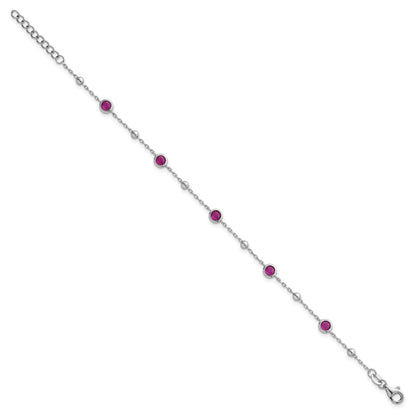 Sterling Silver Rhodium-plated Polished and Beaded Bezel-set Round Red CZ 7 Inch with 1 Inch Extension Bracelet