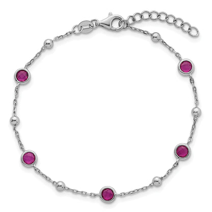 Sterling Silver Rhodium-plated Polished and Beaded Bezel-set Round Red CZ 7 Inch with 1 Inch Extension Bracelet