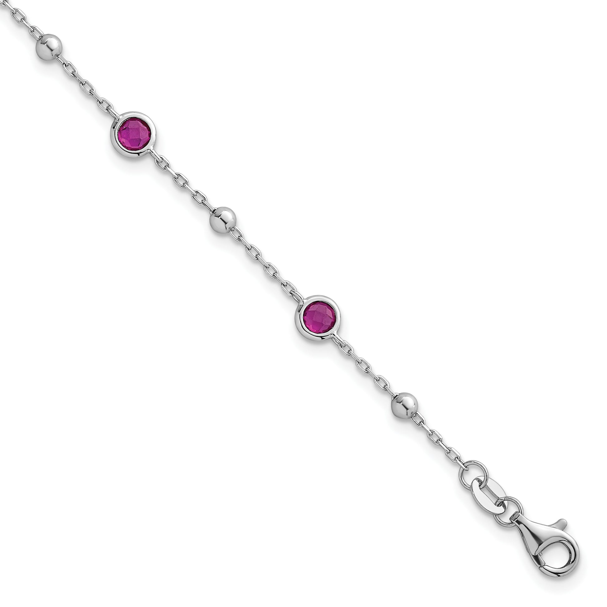 Sterling Silver Rhodium-plated Polished and Beaded Bezel-set Round Red CZ 7 Inch with 1 Inch Extension Bracelet