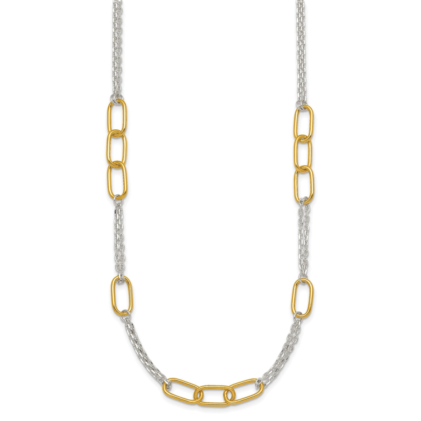 Sterling Silver and Gold-tone Polished Fancy Link and Double Chain 16 inch Necklace
