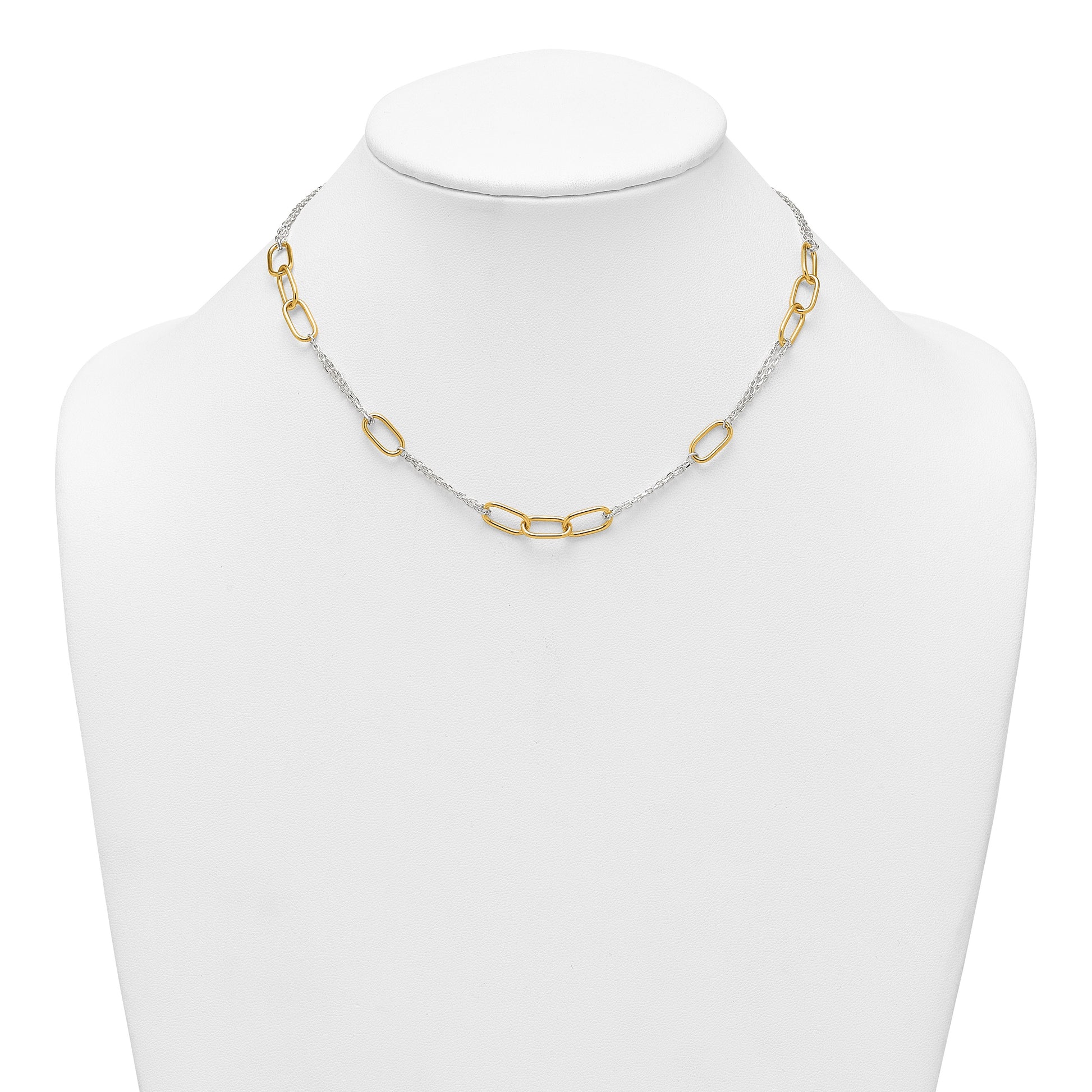 Sterling Silver and Gold-tone Polished Fancy Link and Double Chain 16 inch Necklace