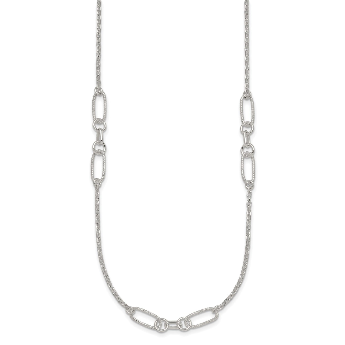 Sterling Silver Polished and Textured Fancy Link and Chain 16 inch Necklace