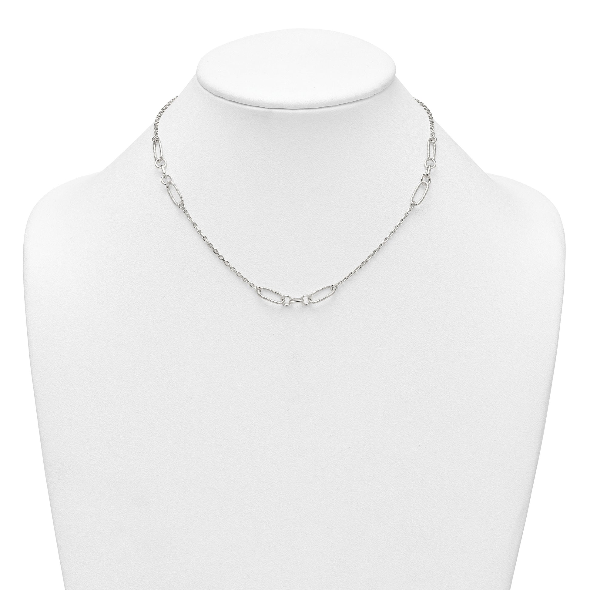 Sterling Silver Polished and Textured Fancy Link and Chain 16 inch Necklace