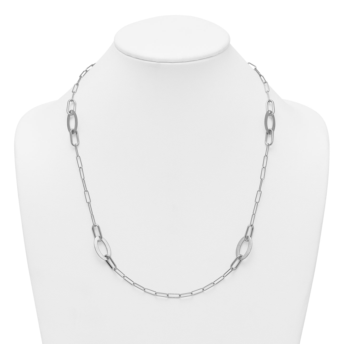 Sterling Silver Rhodium-plated Brushed Fancy Paperclip and Oval Link 24 inch Necklace
