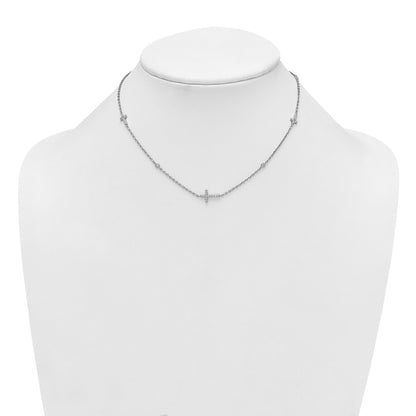 Sterling Silver Rhodium-plated Polished Three CZ Crosses and 3 Round CZ Stations 15 inch with 1.5 inch Extender Necklace