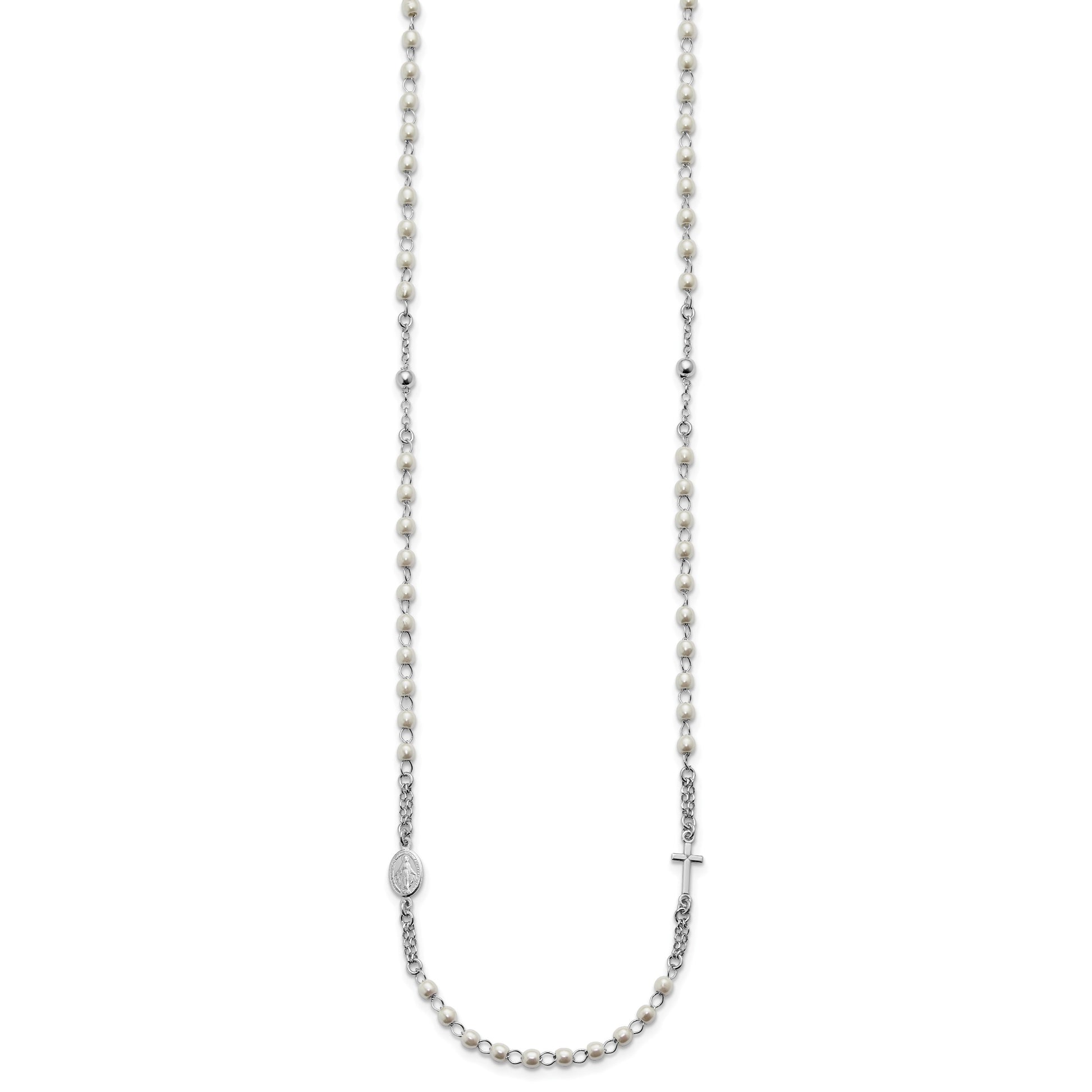 Sterling Silver Rhodium-plated Plastic Imitation Pearl 19.75 inch with 1 inch extender Rosary Themed Necklace