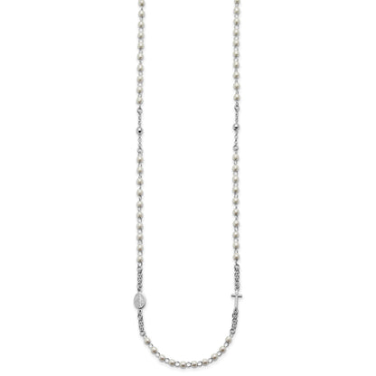 Sterling Silver Rhodium-plated Plastic Imitation Pearl 19.75 inch with 1 inch extender Rosary Themed Necklace