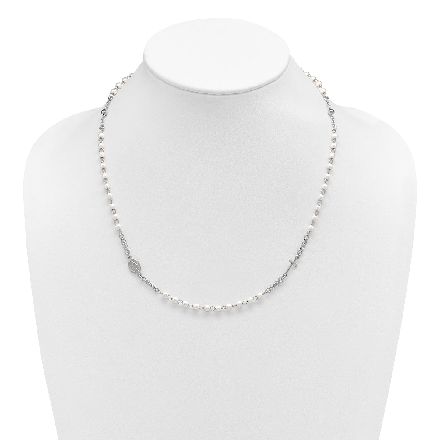 Sterling Silver Rhodium-plated Plastic Imitation Pearl 19.75 inch with 1 inch extender Rosary Themed Necklace