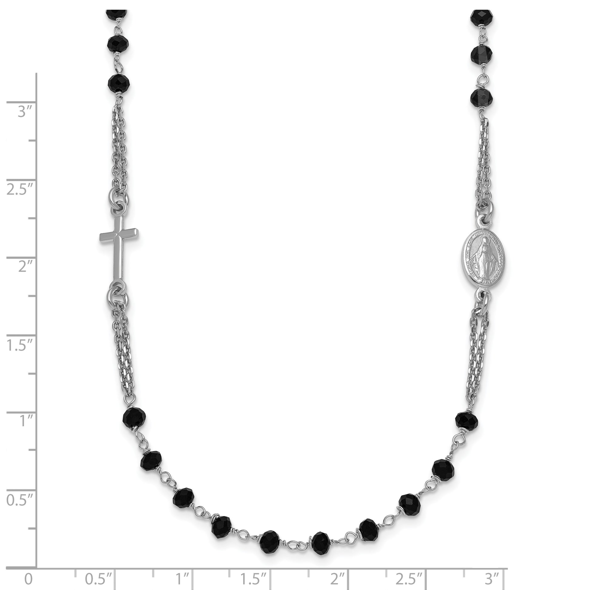 Sterling Silver Rhodium-plated Black Crystal 20 inch with 0.5 inch extender Rosary Themed Necklace