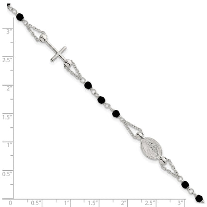 Sterling Silver Polished Beaded Black Glass 6.5 inch with 1 inch Extension Rosary-Design Bracelet