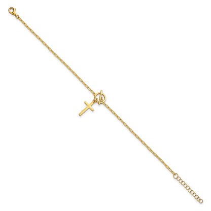 Sterling Silver Gold-tone Polished Cross Dangle Paperclip Link 6.5 Inch with 1 Inch Extension Bracelet