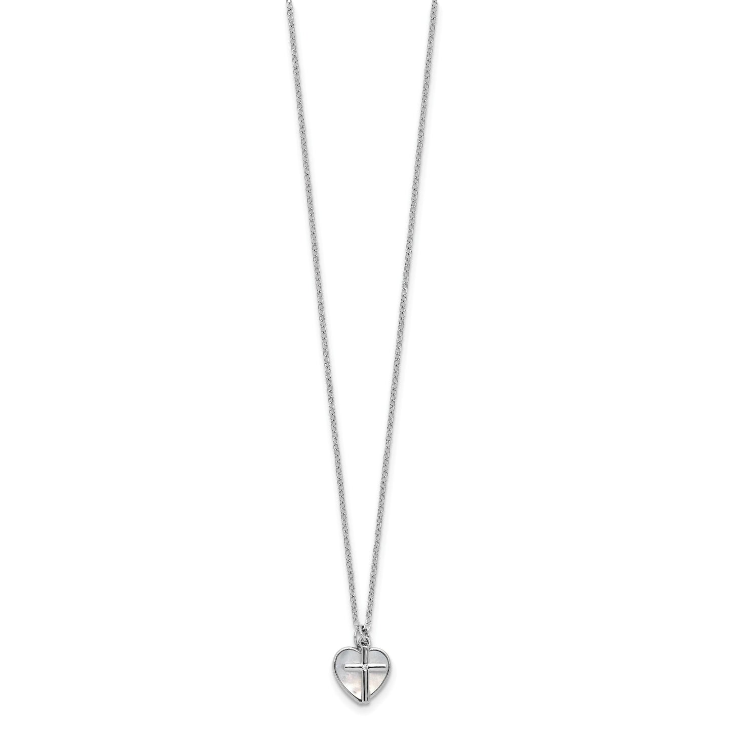 Sterling Silver Rhodium-plated Polished Mother of Pearl Heart and CZ Cross 14 Inch with 3 Inch Extension Children's Necklace
