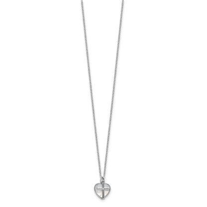 Sterling Silver Rhodium-plated Polished Mother of Pearl Heart and CZ Cross 14 Inch with 3 Inch Extension Children's Necklace