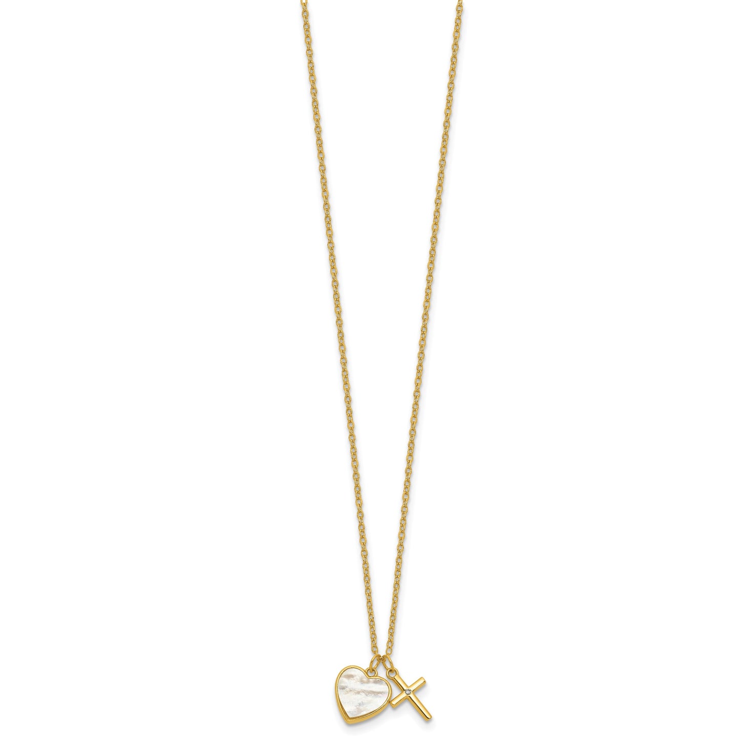 Sterling Silver Gold-plated Polished Mother of Pearl Heart and CZ Cross 14 Inch with 3 Inch Extension Children's Necklace
