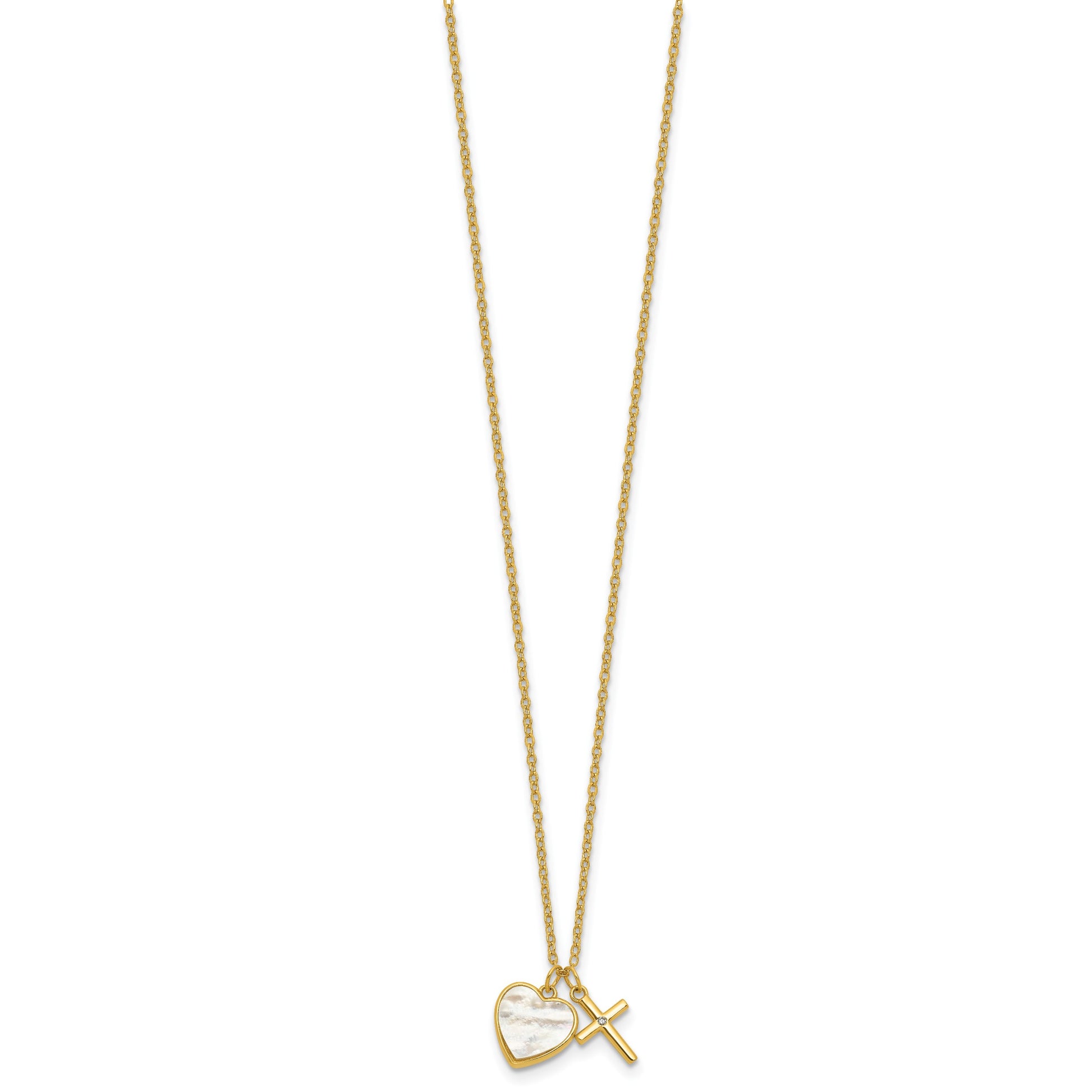 Sterling Silver Gold-plated Polished Mother of Pearl Heart and CZ Cross 14 Inch with 3 Inch Extension Children's Necklace