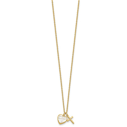 Sterling Silver Gold-plated Polished Mother of Pearl Heart and CZ Cross 14 Inch with 3 Inch Extension Children's Necklace