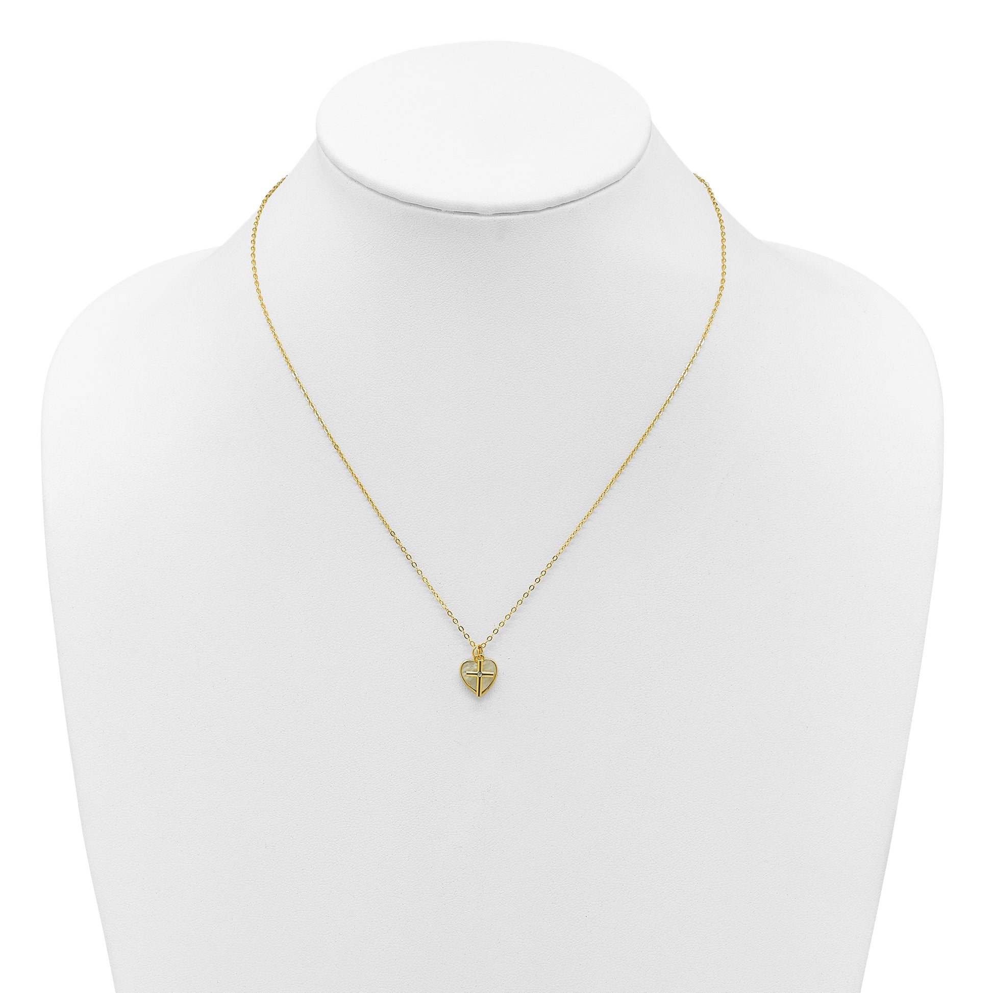 Sterling Silver Gold-plated Polished Mother of Pearl Heart and CZ Cross 14 Inch with 3 Inch Extension Children's Necklace