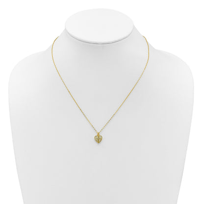 Sterling Silver Gold-plated Polished Mother of Pearl Heart and CZ Cross 14 Inch with 3 Inch Extension Children's Necklace