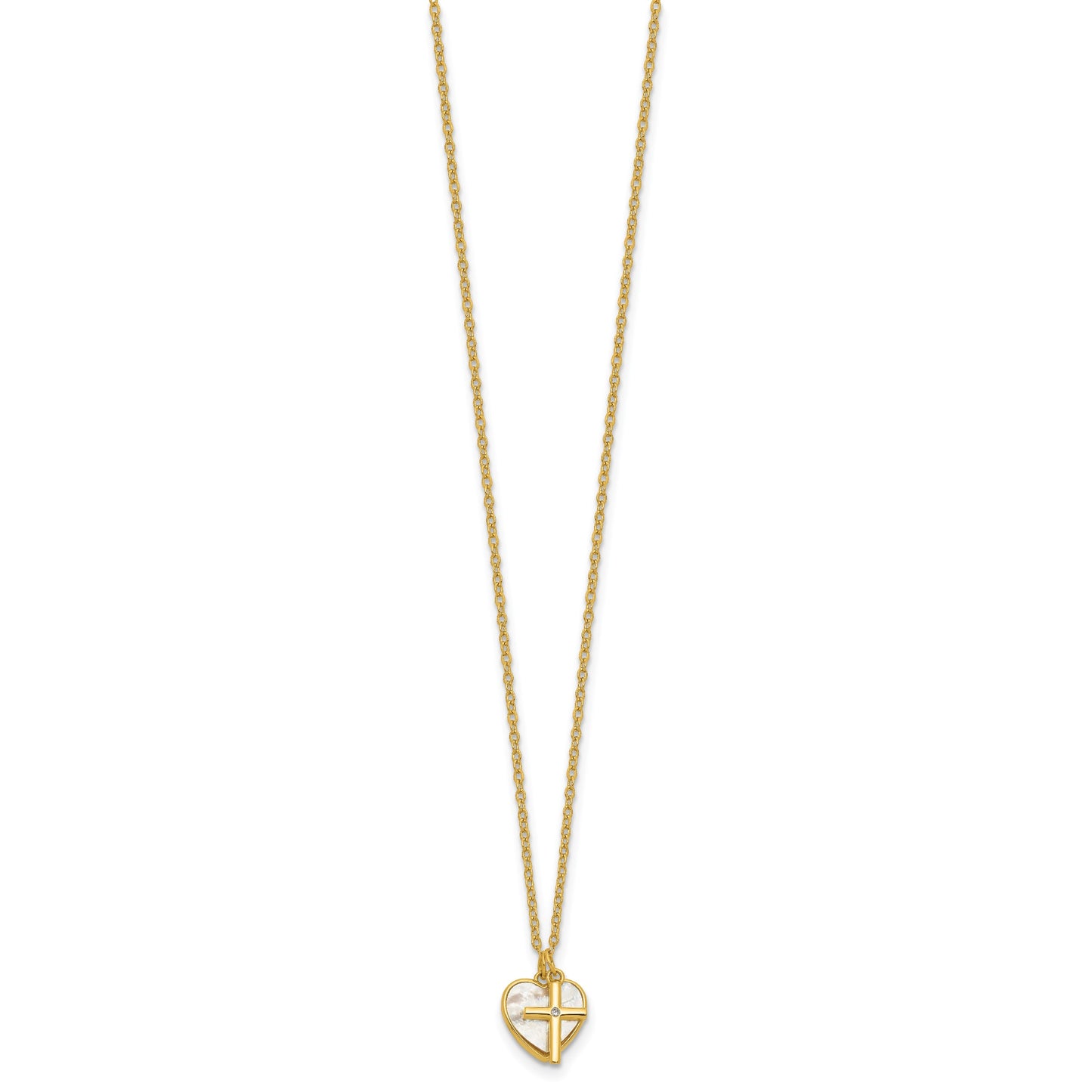 Sterling Silver Gold-plated Polished Mother of Pearl Heart and CZ Cross 14 Inch with 3 Inch Extension Children's Necklace