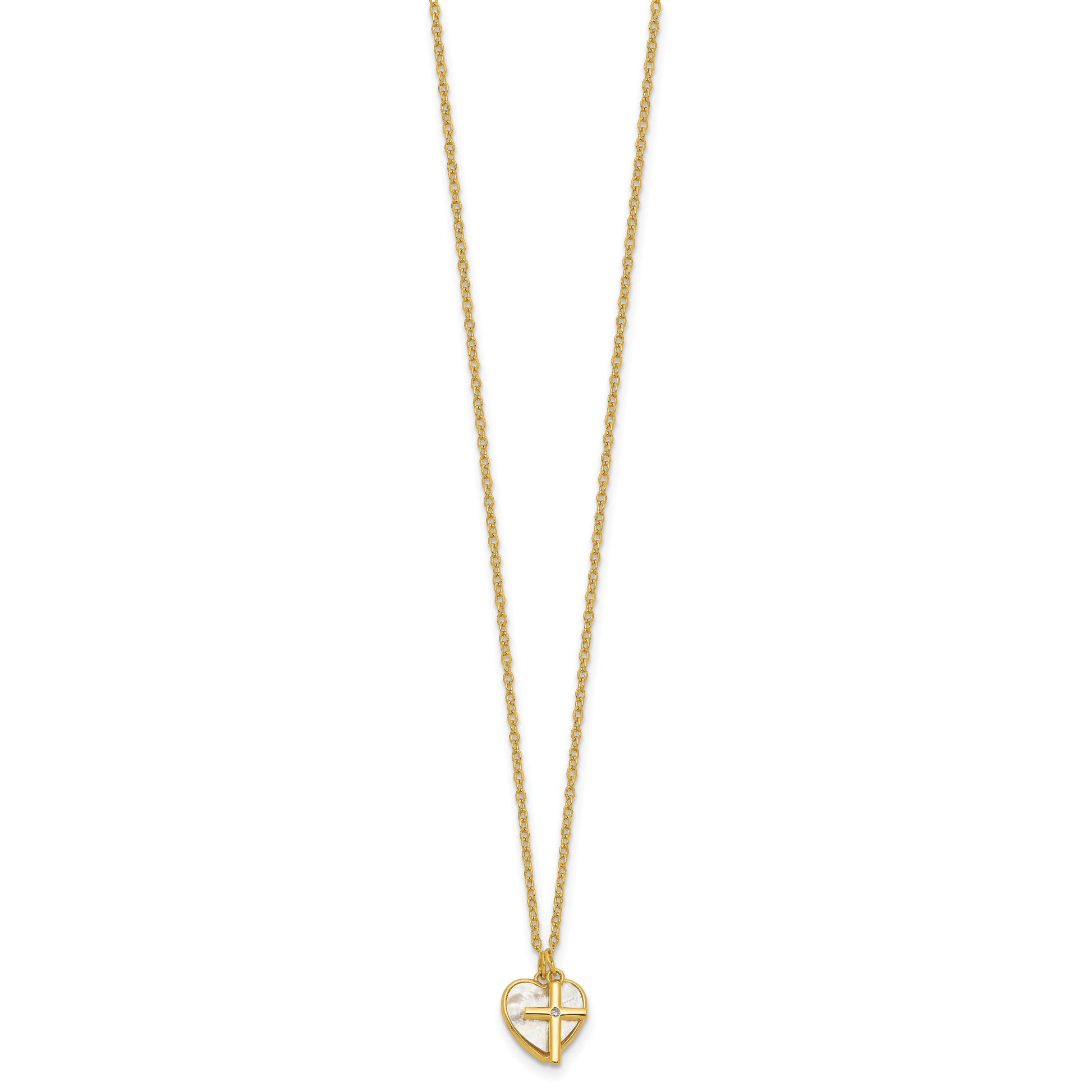Sterling Silver Gold-plated Polished Mother of Pearl Heart and CZ Cross 14 Inch with 3 Inch Extension Children's Necklace