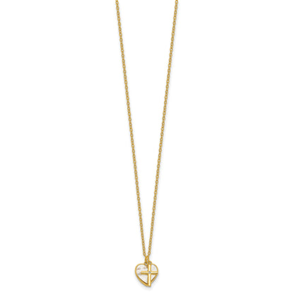Sterling Silver Gold-plated Polished Mother of Pearl Heart and CZ Cross 14 Inch with 3 Inch Extension Children's Necklace