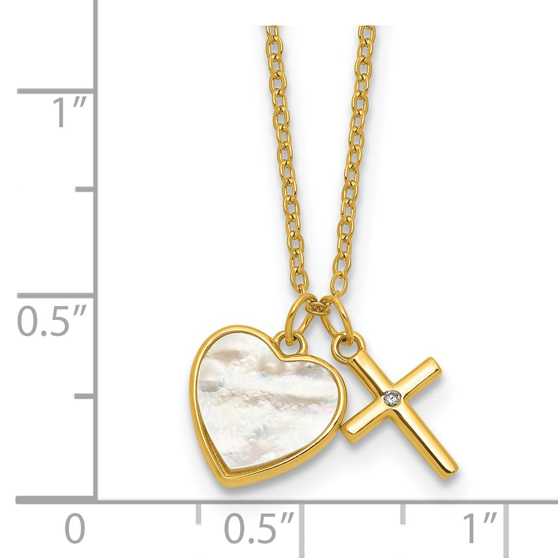 Sterling Silver Gold-plated Polished Mother of Pearl Heart and CZ Cross 14 Inch with 3 Inch Extension Children's Necklace