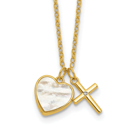 Sterling Silver Gold-plated Polished Mother of Pearl Heart and CZ Cross 14 Inch with 3 Inch Extension Children's Necklace
