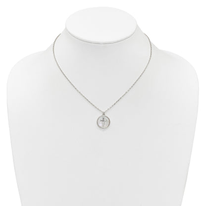 Sterling Silver Polished Mother Of Pearl Circle with Cross 16 inch Necklace