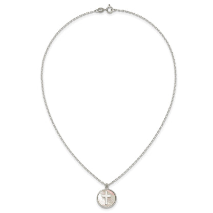 Sterling Silver Polished Mother Of Pearl Circle with Cross 16 inch Necklace