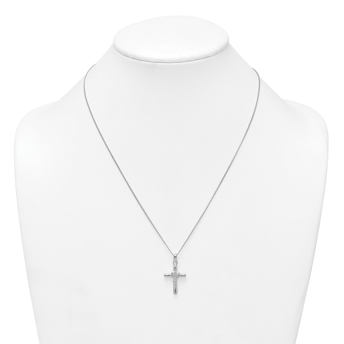 Sterling Silver Rhodium-plated Polished CZ Heart Cross 20 inch with 3 inch Extender Necklace