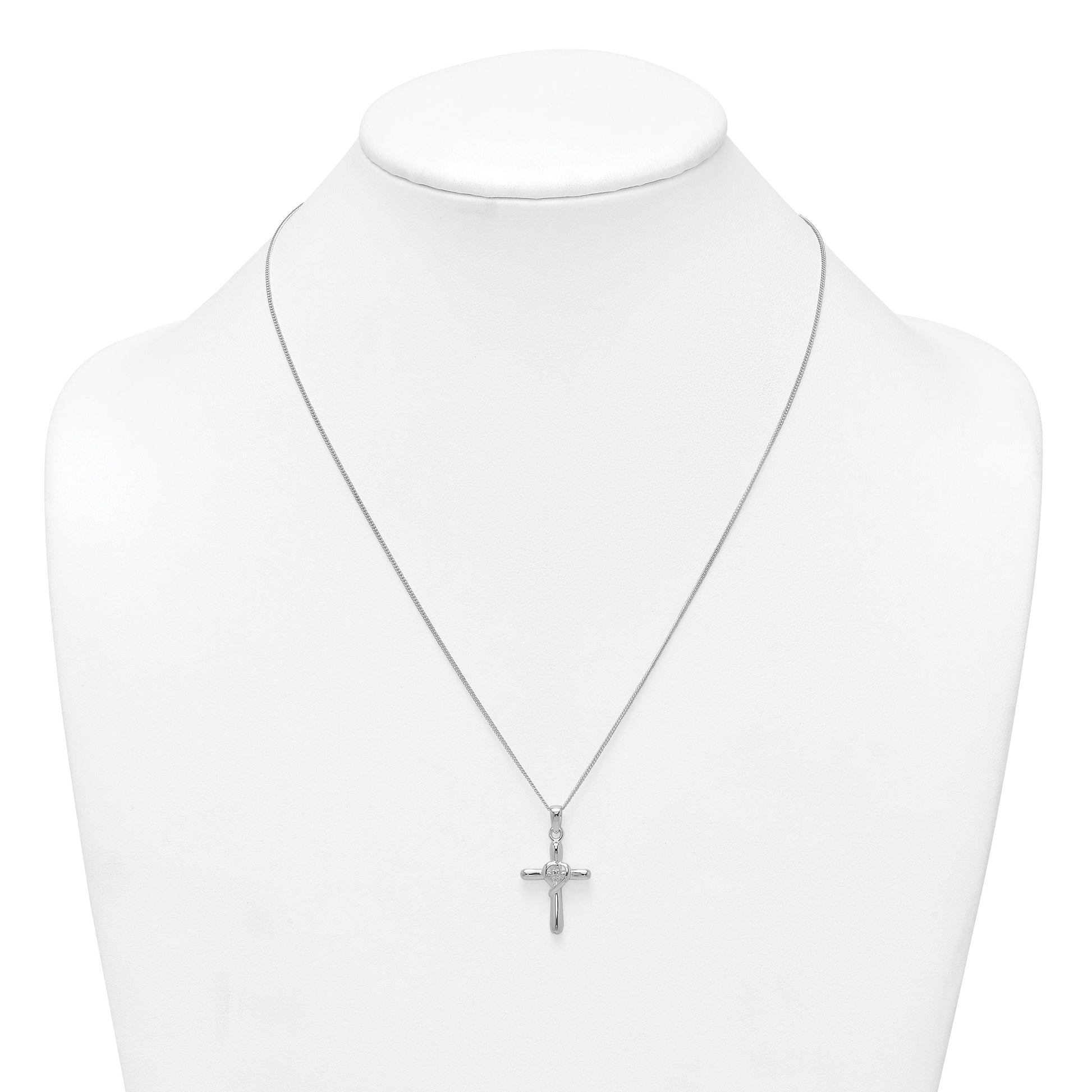 Sterling Silver Rhodium-plated Polished CZ Heart Cross 20 inch with 3 inch Extender Necklace