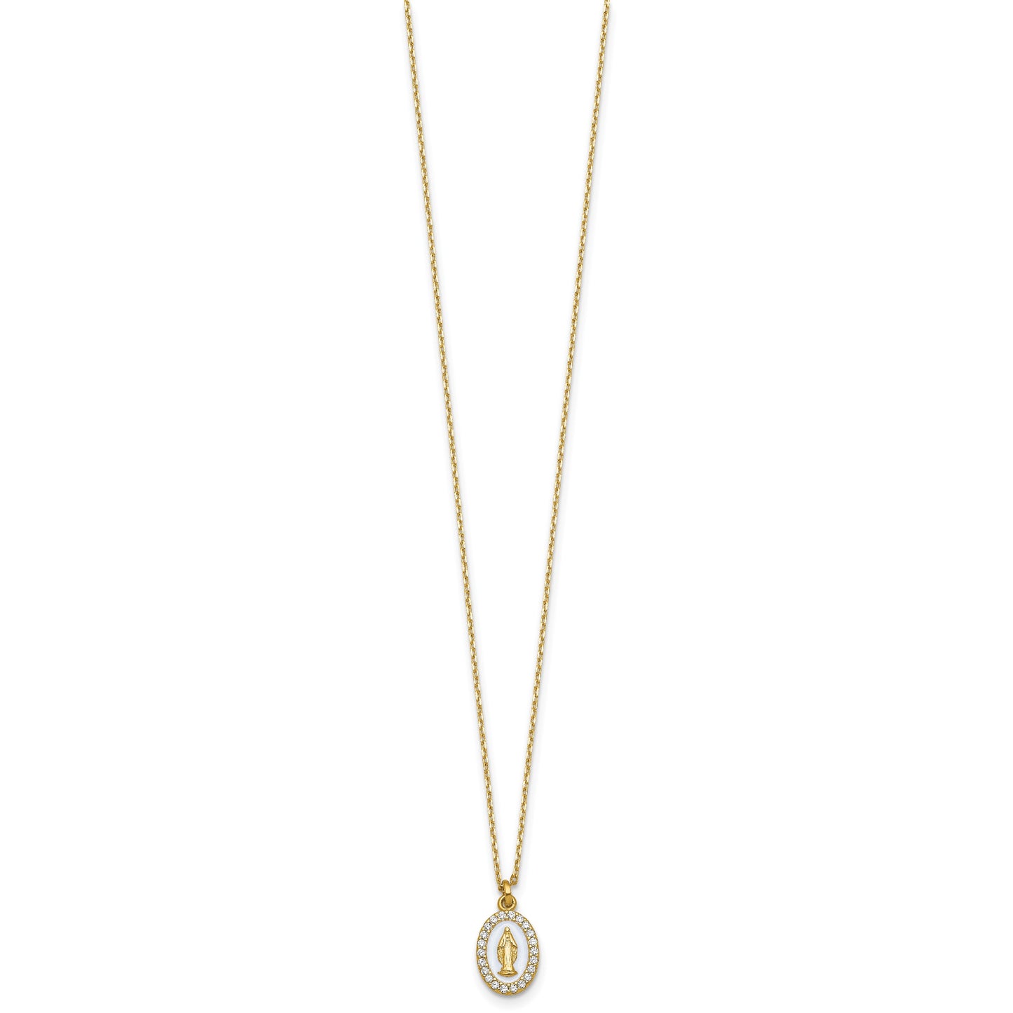 Sterling Silver Gold-plated CZ and White Enamel Miraculous Medal 15.75 inch with 2 inch extender Necklace