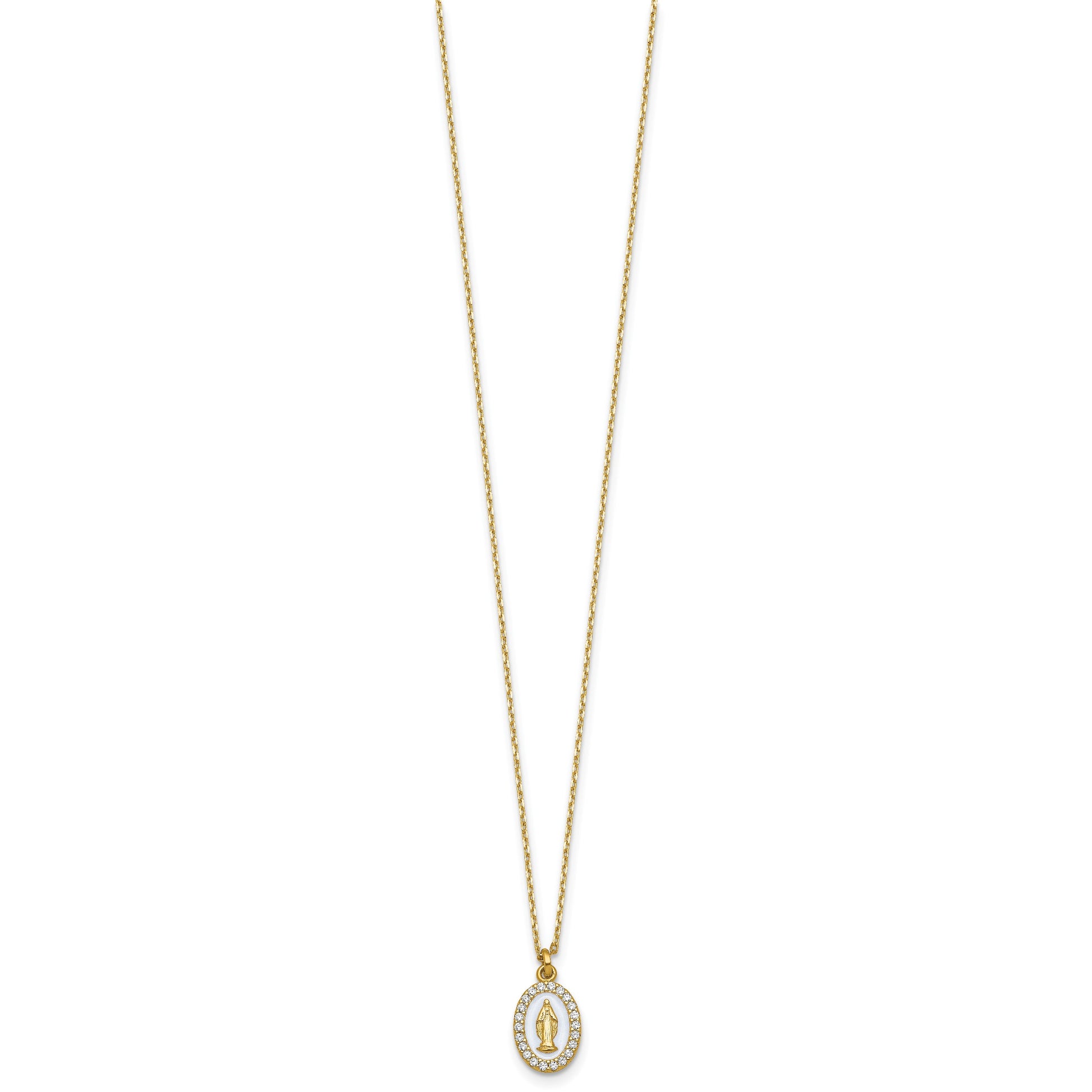 Sterling Silver Gold-plated CZ and White Enamel Miraculous Medal 15.75 inch with 2 inch extender Necklace